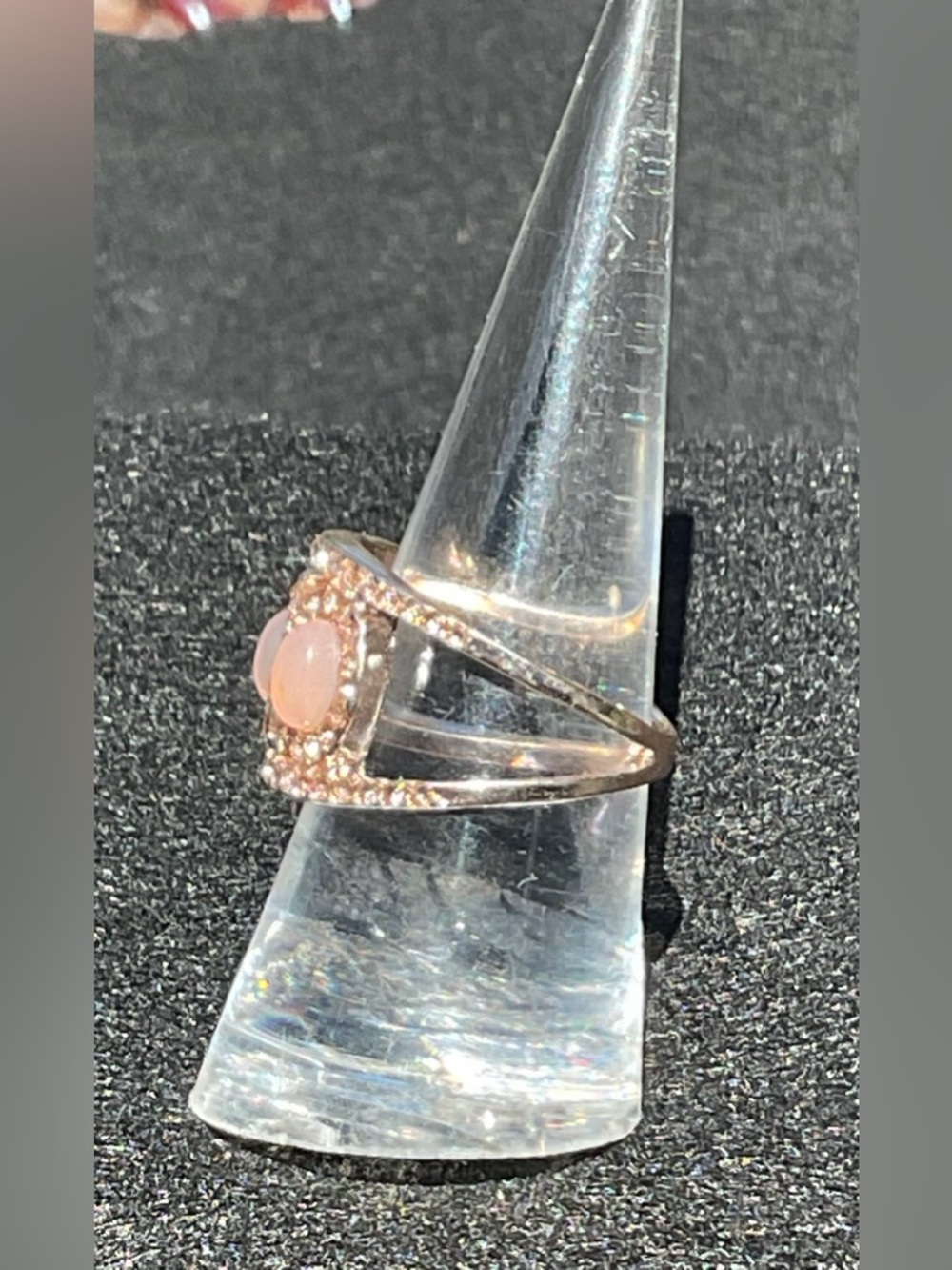 Blush Pink Cabochon Oval Halo Ring Rose Gold Tone Triple Stone Statement Chic - Picture 3 of 5